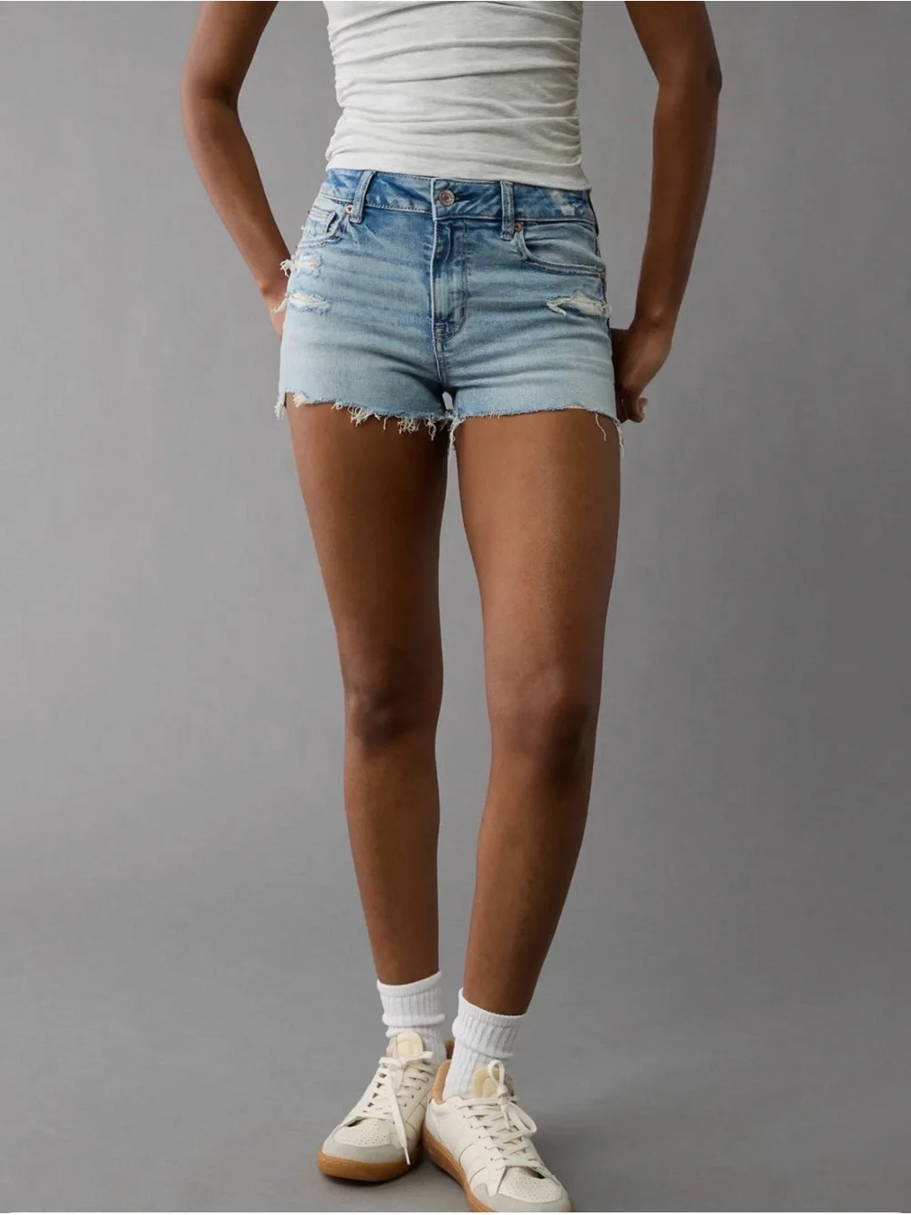 American Eagle Next Level Stretch High Waist Light Wash Denim Cutoff Shorts - Picture 1 of 6